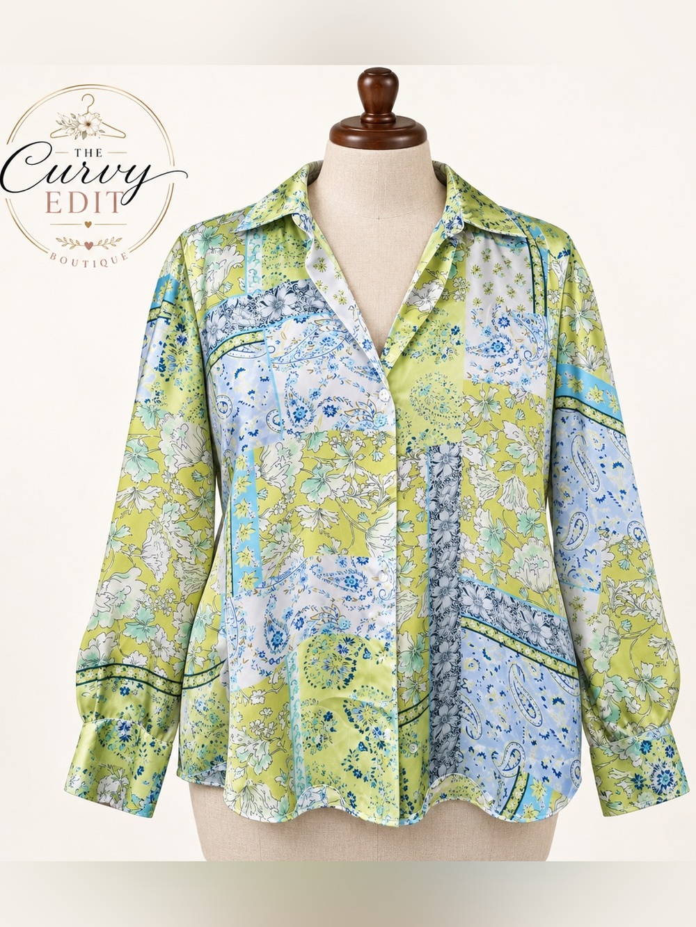Zara XXL Paisley Floral Patchwork Satin Effect Button-Down Blouse Polished Luxe